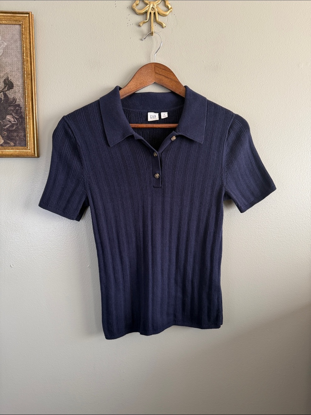 Gap Navy Ribbed Knit Polo Top Medium 100% Cotton Preppy Classic - Picture 3 of 8